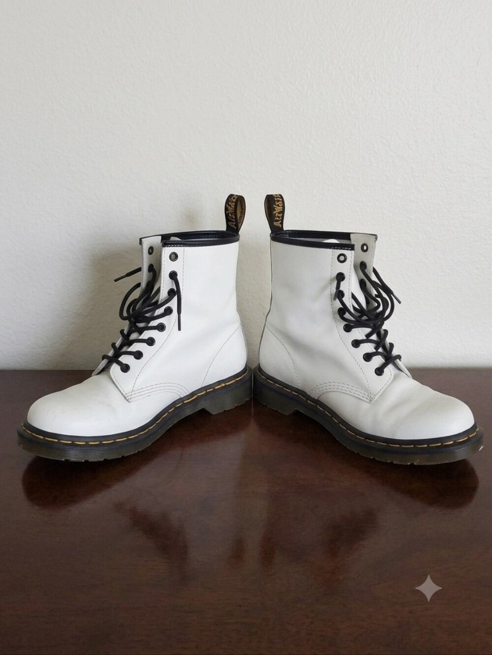 Dr. Martens 11821  White Leather 8 Eyes Lace Up Combat Boots with Black Laces